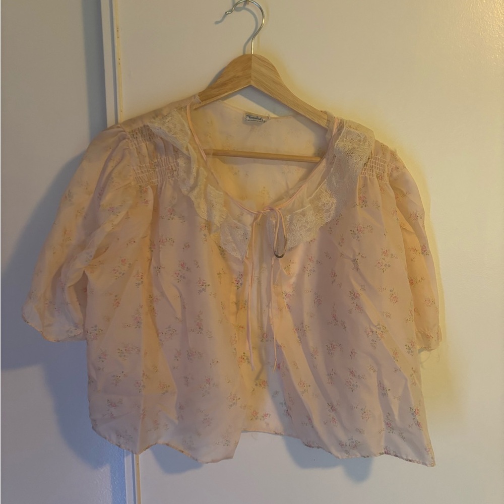Light Pink Floral Lace-Trim Peasant Blouse